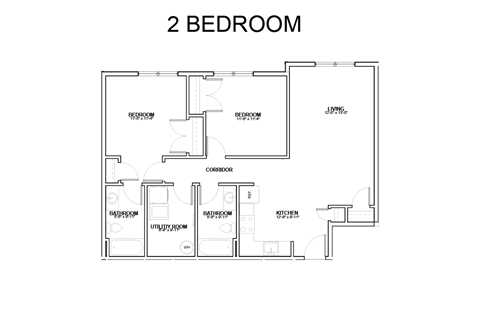 Floor plan for 2 beds, 1 bath, 593 sqft